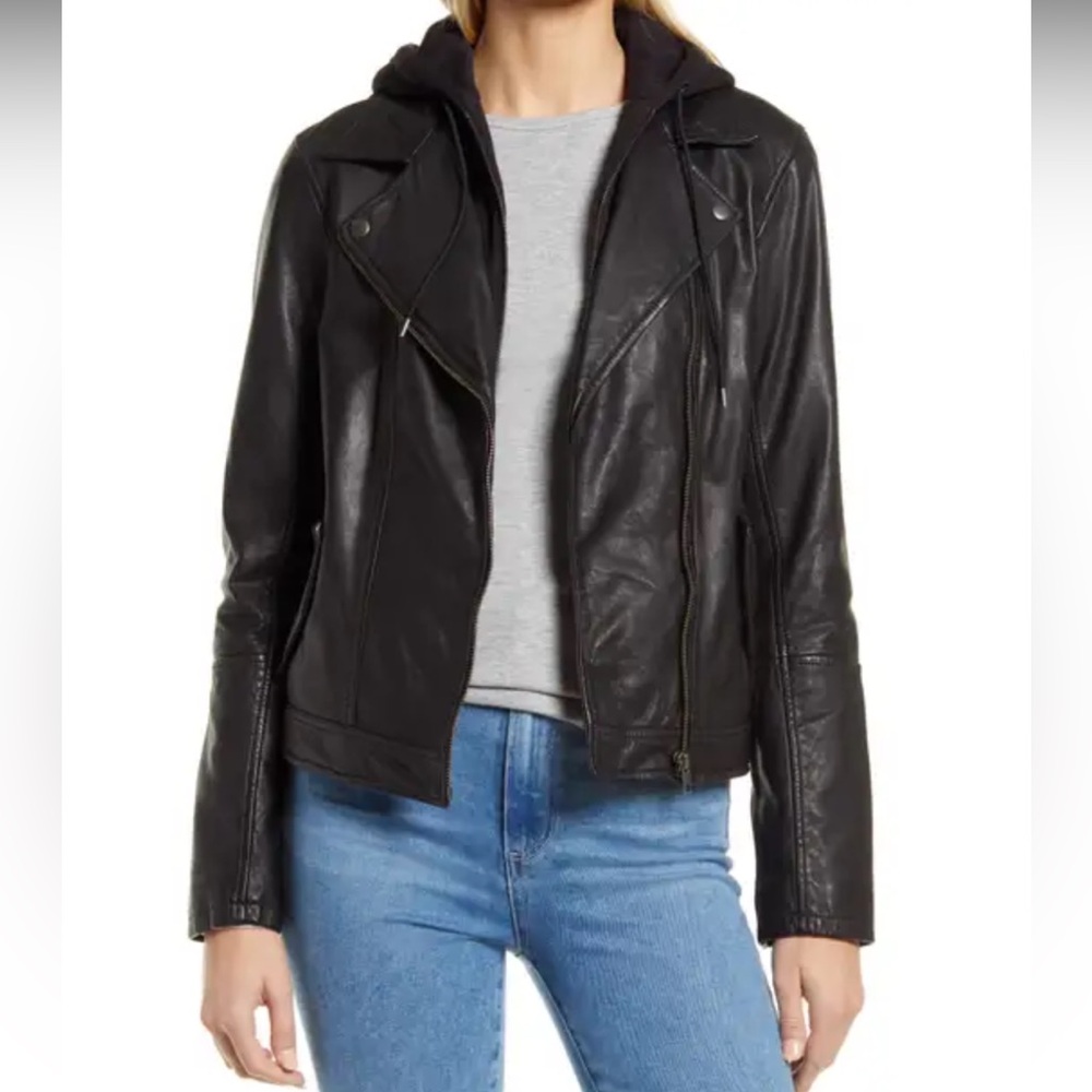 Caslon® Leather Moto Jacket with Removable Hood